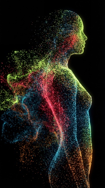 由无数代码粒子弥散组成生赛博女性轮廓形状，从模糊到清晰的影像和轮廓，黑色哑光背景，抽象艺术，时尚科技风格，意识流、极简风格，中景，神秘，科技感光影效应· 国际流行色 大师级排版，64K超高清画质。预览效果