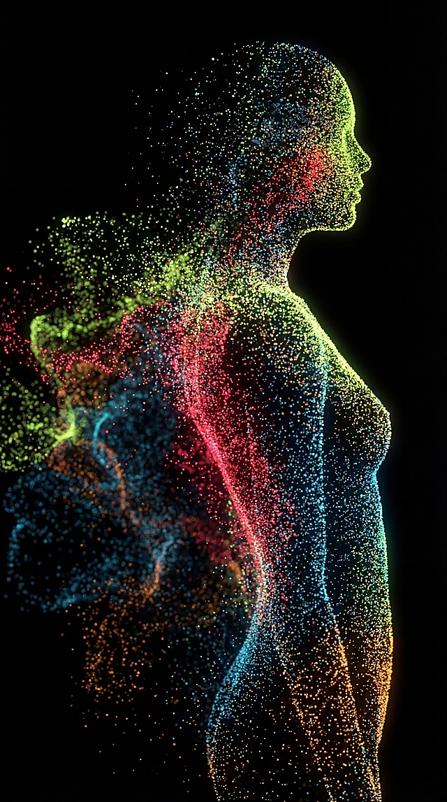 由无数代码粒子弥散组成生赛博女性轮廓形状，从模糊到清晰的影像和轮廓，黑色哑光背景，抽象艺术，时尚科技风格，意识流、极简风格，中景，神秘，科技感光影效应· 国际流行色 大师级排版，64K超高清画质。