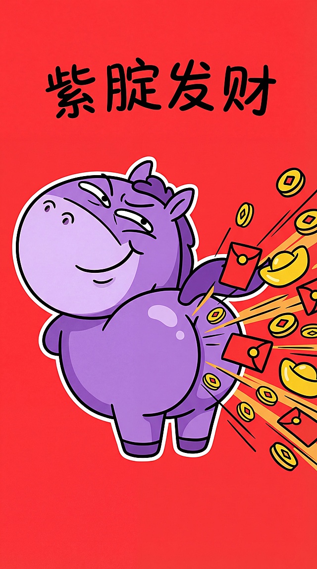 夸张有趣的卡通风格，一个胖乎乎的紫色小马，圆润可爱的体型比例，大大的脑袋和短短的腿，它的屁股朝着观众，脑袋向后扭向镜头，带着调皮的笑容（眯起的眼睛，上扬的嘴角），有很多金币、红色的幸运信封、从它的屁股里蹦出来的金色锭块，有着动感的速度线条，鲜艳的亮红色背景，饱和度高的色彩搭配，醒目的黑色轮廓，平面式插画，没有多余的细节，充满节日和欢乐的氛围，适合春节表情符号、红包封面和社交媒体海报。顶部手写着“紫腚发财”