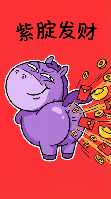 夸张有趣的卡通风格，一个胖乎乎的紫色小马，圆润可爱的体型比例，大大的脑袋和短短的腿，它的屁股朝着观众，脑袋向后扭向镜头，带着调皮的笑容（眯起的眼睛，上扬的嘴角），有很多金币、红色的幸运信封、从它的屁股预览效果