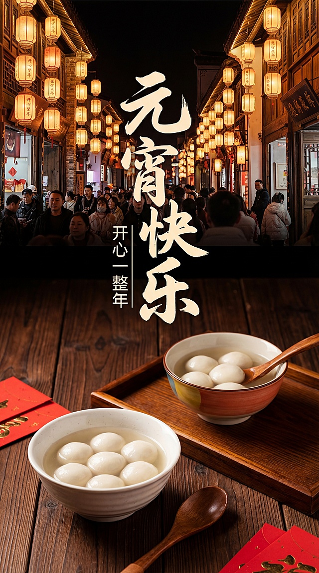 国潮风融合水墨大字，实景古街灯影与汤圆特写交织，喜庆红金配色传递中式年味，印刷质感强化节日氛围，元宵佳节祝福跃然眼前。