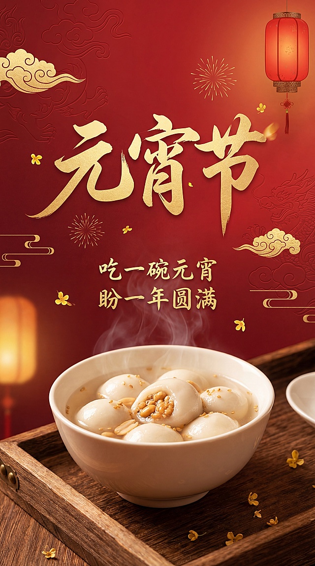 国潮风元宵节海报，鎏金浮雕文字搭配重拟物汤圆，红金配色尽显喜庆中式感，暖光灯笼与祥云点缀，传递团圆圆满的节日氛围。