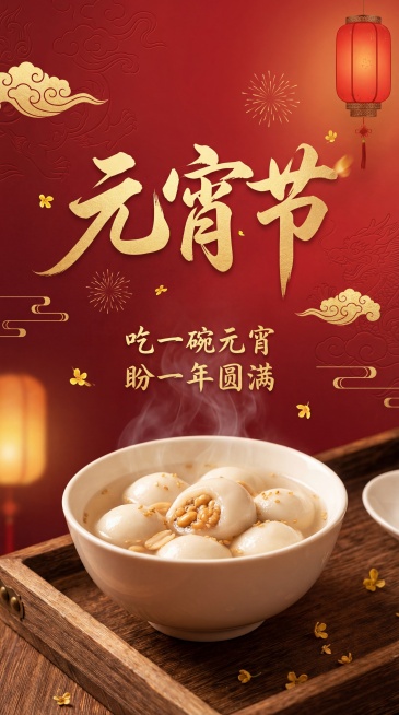 新中式写实风格元宵竖版海报，深红色渐变国风暗纹背景，鎏金书法大字「元宵节」居于画面上半部分视觉中心，居中排布「吃一碗元宵 盼一年圆满」在主标题与汤圆主体之间，画面下半部分是一碗冒着热气的写实汤圆，盛于预览效果