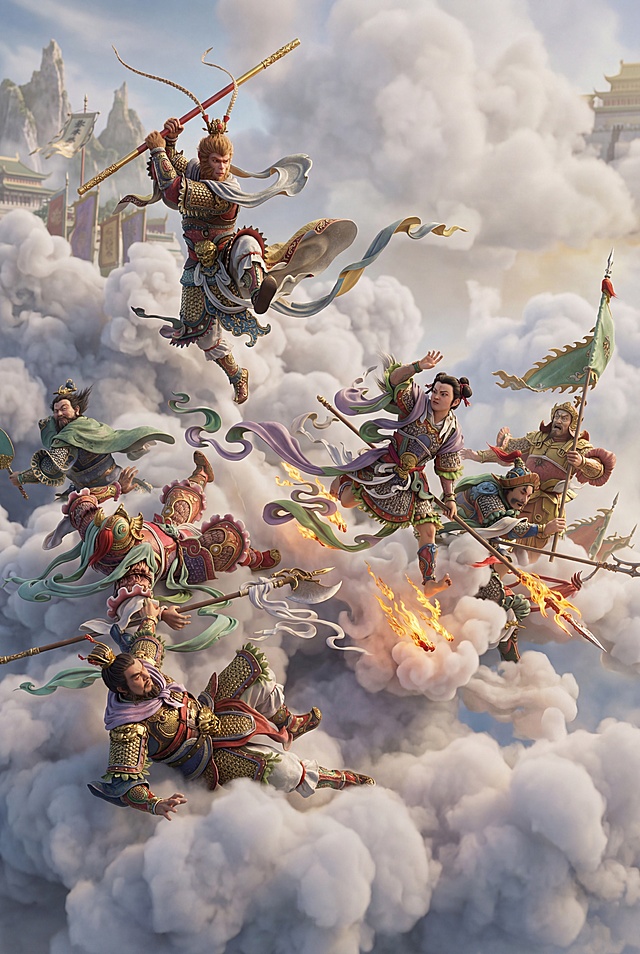 将这幅大闹天宫的传统工笔画转换为3D风格，保留原有的人物和场景元素，呈现立体逼真的效果