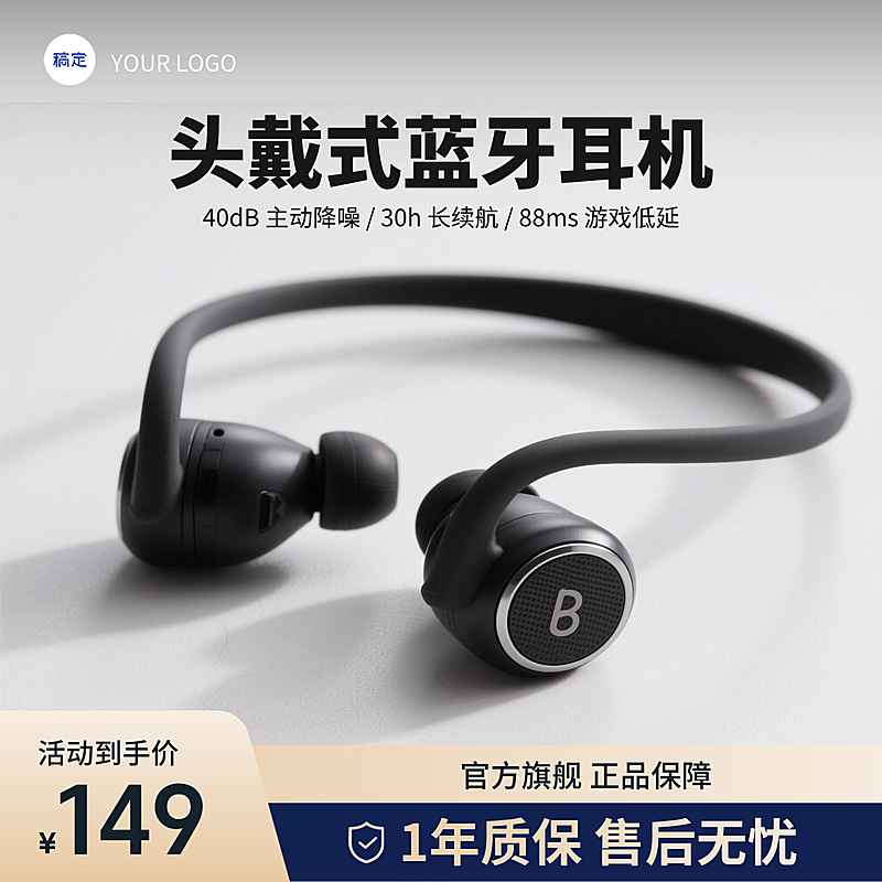 蓝色科技感蓝牙耳机数码产品主图直通车