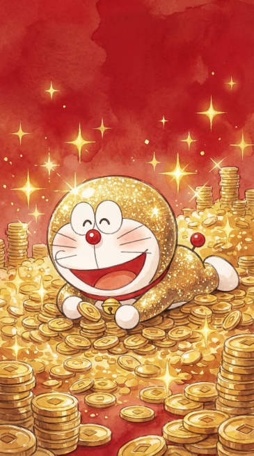 水彩风格，金色哆啦A梦趴在金币堆上数金币，红色纹理背景，闪耀金色星芒，满是满足氛围预览效果