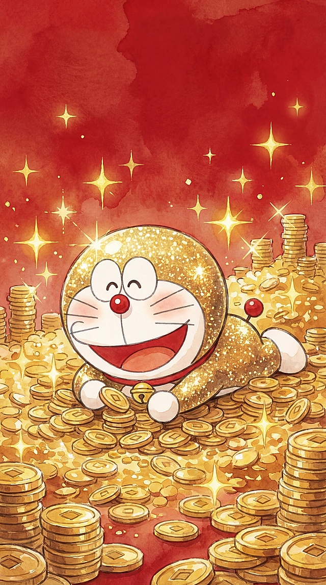 水彩风格，金色哆啦A梦趴在金币堆上数金币，红色纹理背景，闪耀金色星芒，满是满足氛围