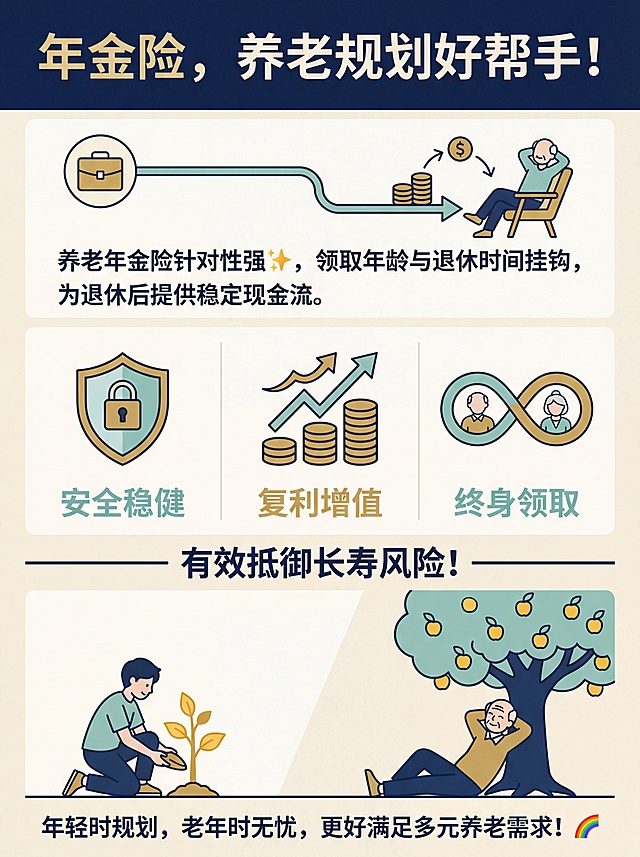 图文长图，风格简约专业，配色不超4种，布局清晰主次分明，文字清晰手机可读。包含文案：“年金险，养老规划好帮手！养老年金险针对性强✨，领取年龄与退休时间挂钩，为退休后提供稳定现金流。安全稳健+复利增值+终身领取，有效抵御长寿风险！年轻时规划，老年时无忧，更好满足多元养老需求！🌈”，插画文字与文案重复时删除重复部分