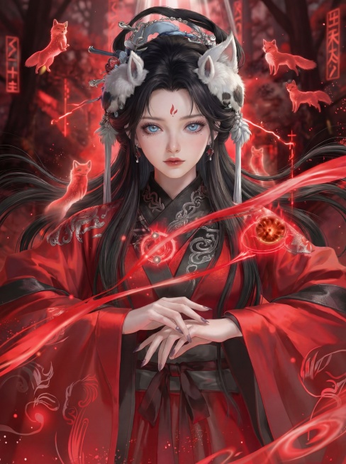 将角色发色变成黑色，衣服变成红黑色，背景变成红色预览效果