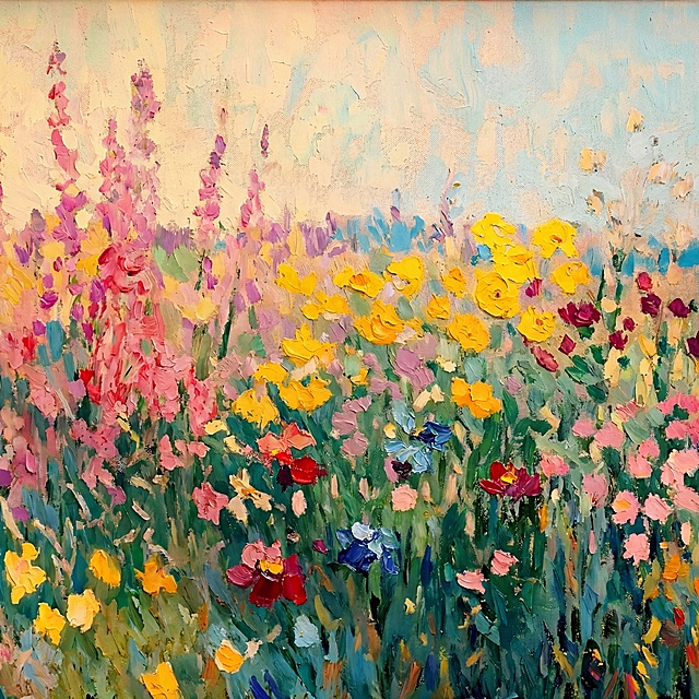 高清油画，色彩丰富的野花田，厚涂笔触，印象派风格，柔和明亮的色调