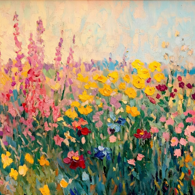 高清油画，色彩丰富的野花田，厚涂笔触，印象派风格，柔和明亮的色调预览效果