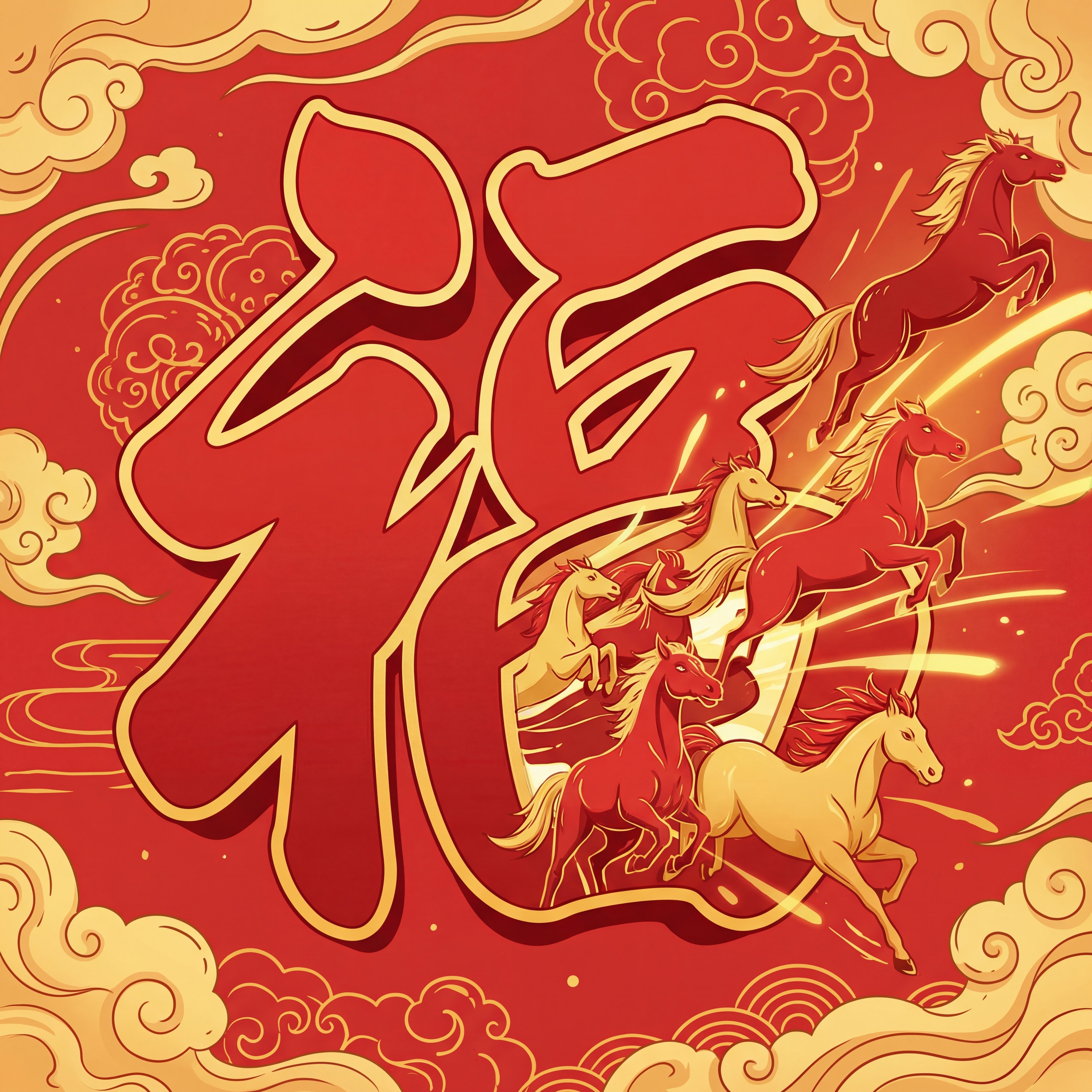 马年春节主题，巨大的汉字“福”字，众多红色和金色的骏马从“福”… - 图片创意预览