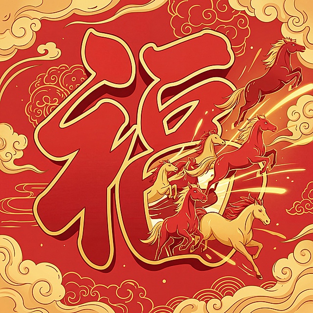 马年春节主题，巨大的汉字“福”字，众多红色和金色的骏马从“福”字内部奔出，姿态动感十足地飞驰着，喜庆的红色背景、金色的光效、祥瑞的云彩，平面式插画、简洁的线条，喜庆而生动的氛围，高超的细节