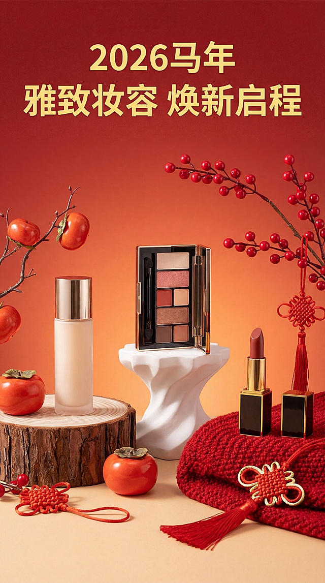 新年主题雅致化妆品宣传图，大师级构图，高级轻奢质感，整体暖调红橙渐变背景，三款化妆品错落摆放，左侧置于原木切片底座，中间放在白色艺术造型矮台，右侧放置在红色针织纹理布料上，点缀红柿、红果枝、中国结，光影柔和，氛围雅致喜庆，新春氛围感，高清精致，顶部写着黄色醒目标题“2026马年 雅致妆容 焕新启程”
