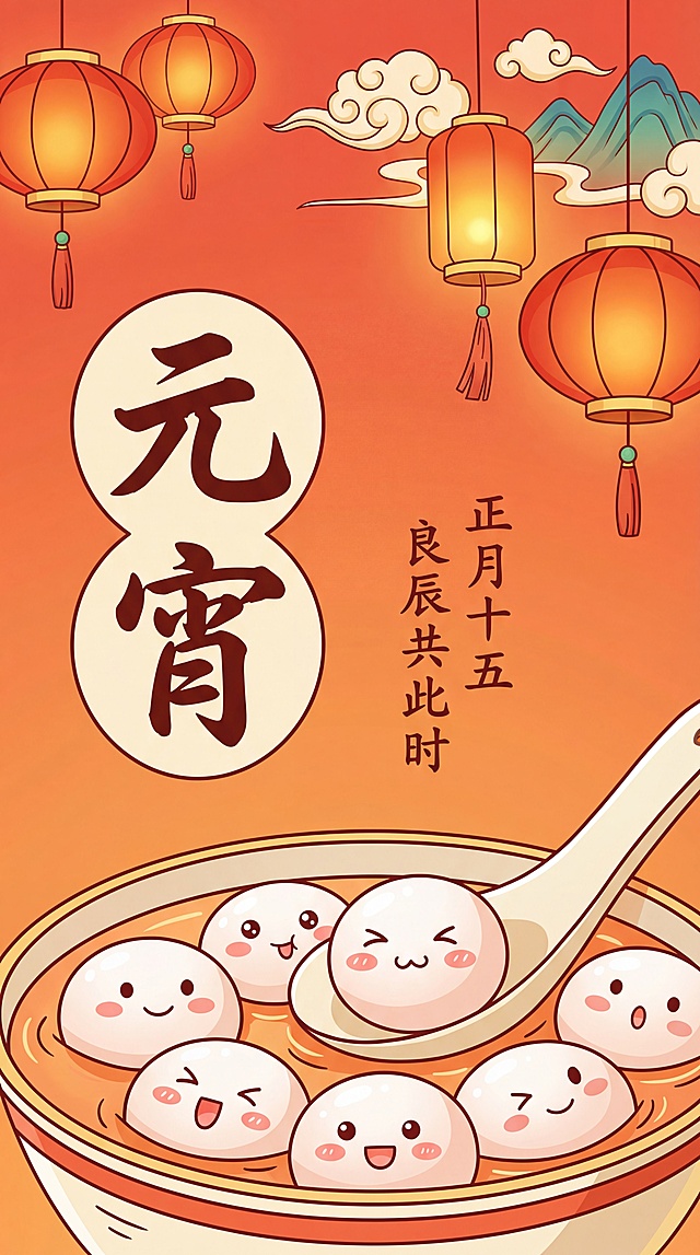 国潮风插画，拟人化汤圆萌趣十足，搭配红灯笼与祥云，水彩质感渲染喜庆氛围，传递元宵佳节的可爱与温馨。