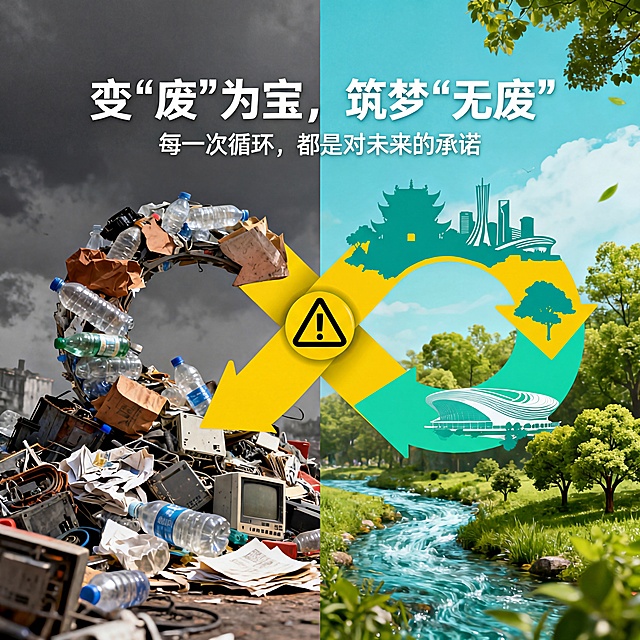 保持画面左右对比的核心构图，左侧灰暗色调堆积的塑料瓶、废纸、电子垃圾不变，右侧明亮色调里，将垃圾通过循环箭头变形为宁波天一阁、杭州亚运会场馆剪影、绿树和清流，中间的无限循环符号贯穿画面，主标题“变‘废’为宝，筑梦‘无废’”，副标题“每一次循环，都是对未来的承诺”，左侧深灰、褐色配色，右侧青绿、天蓝色配色，中间循环箭头使用警示黄