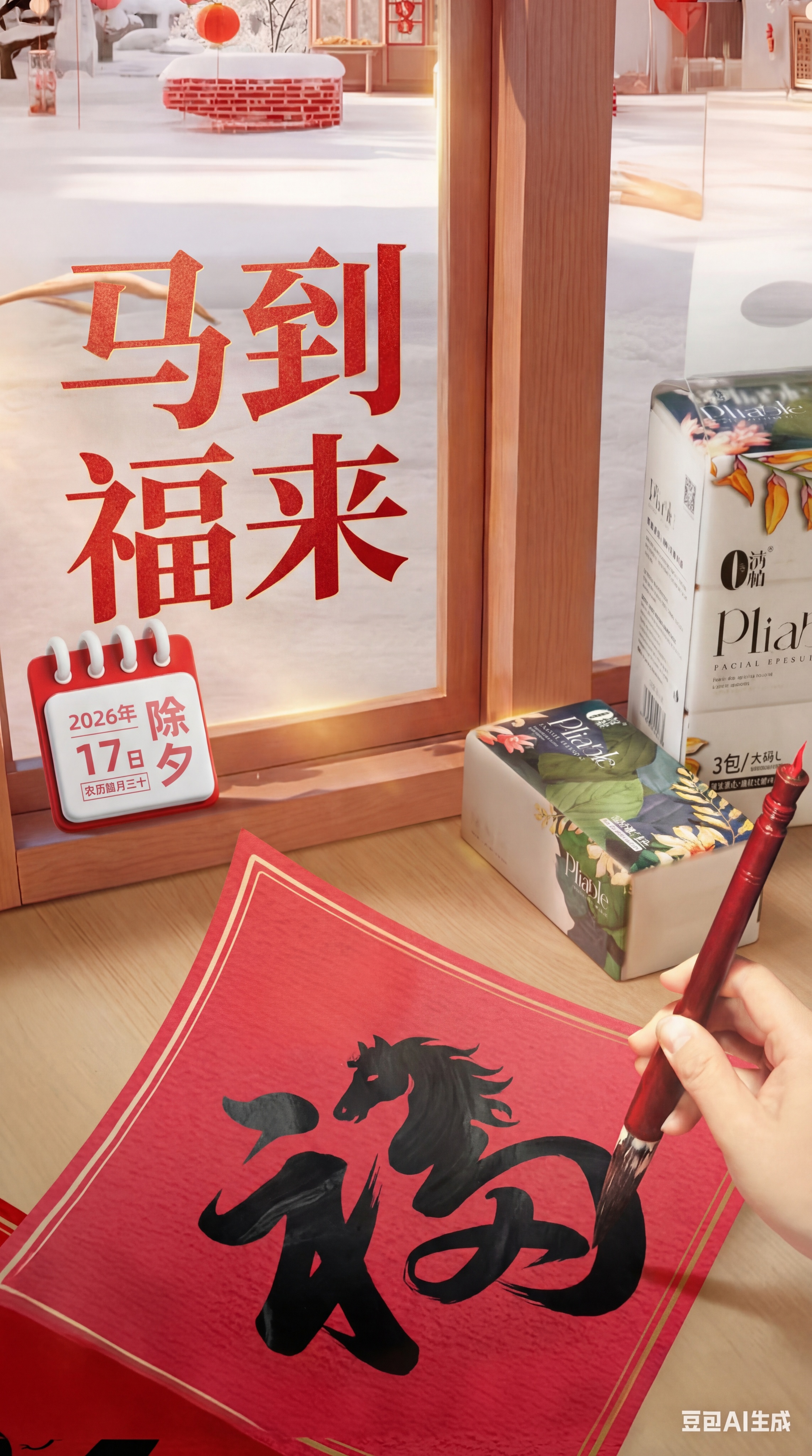 高端马年除夕海报，窗边视角，前景是手写融入马形态的黑色福字，桌… - 图片创意预览