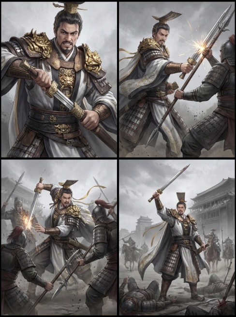 保持图中人物形象和写实古风战争画风一致，生成人物挥剑战斗的漫画分镜预览效果