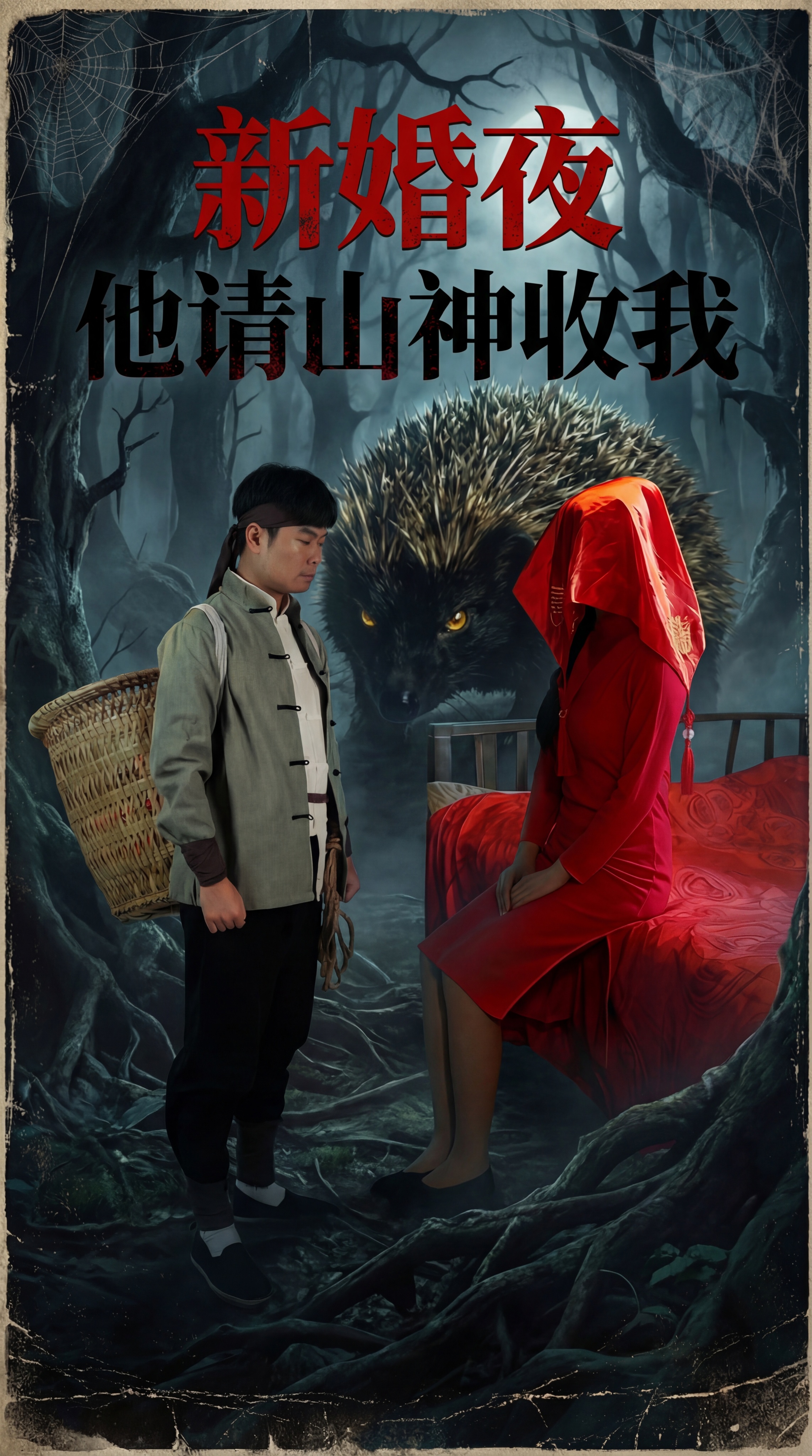将画面背景改为幽暗森林，把刺猬放大放在两人身后，保持年代悬疑惊… - 图片创意预览