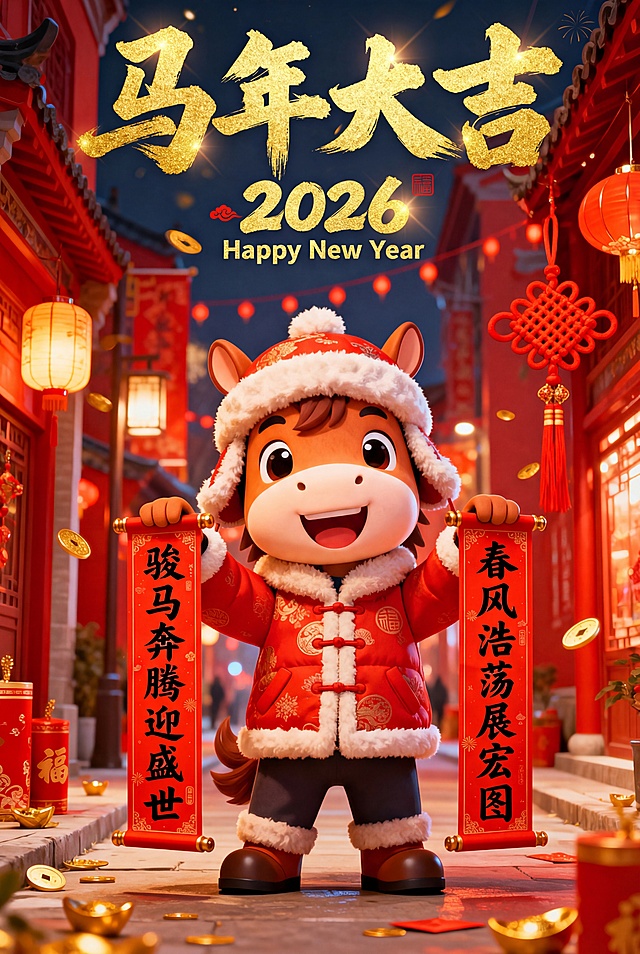 将画面颜色调整得鲜艳明亮，红色喜庆的新年街道场景为背景，穿着新年棉衣棉帽的卡通马仔站在街道上，双手拿着写有上联“骏马奔腾迎盛世”下联“春风浩荡展宏图”的新春对联，表情开心愉悦，画面上方有金色毛笔字标题“马年大吉”，下方搭配文案“2026”及“Happy New Year”，融入马年元素，整体新年氛围感强