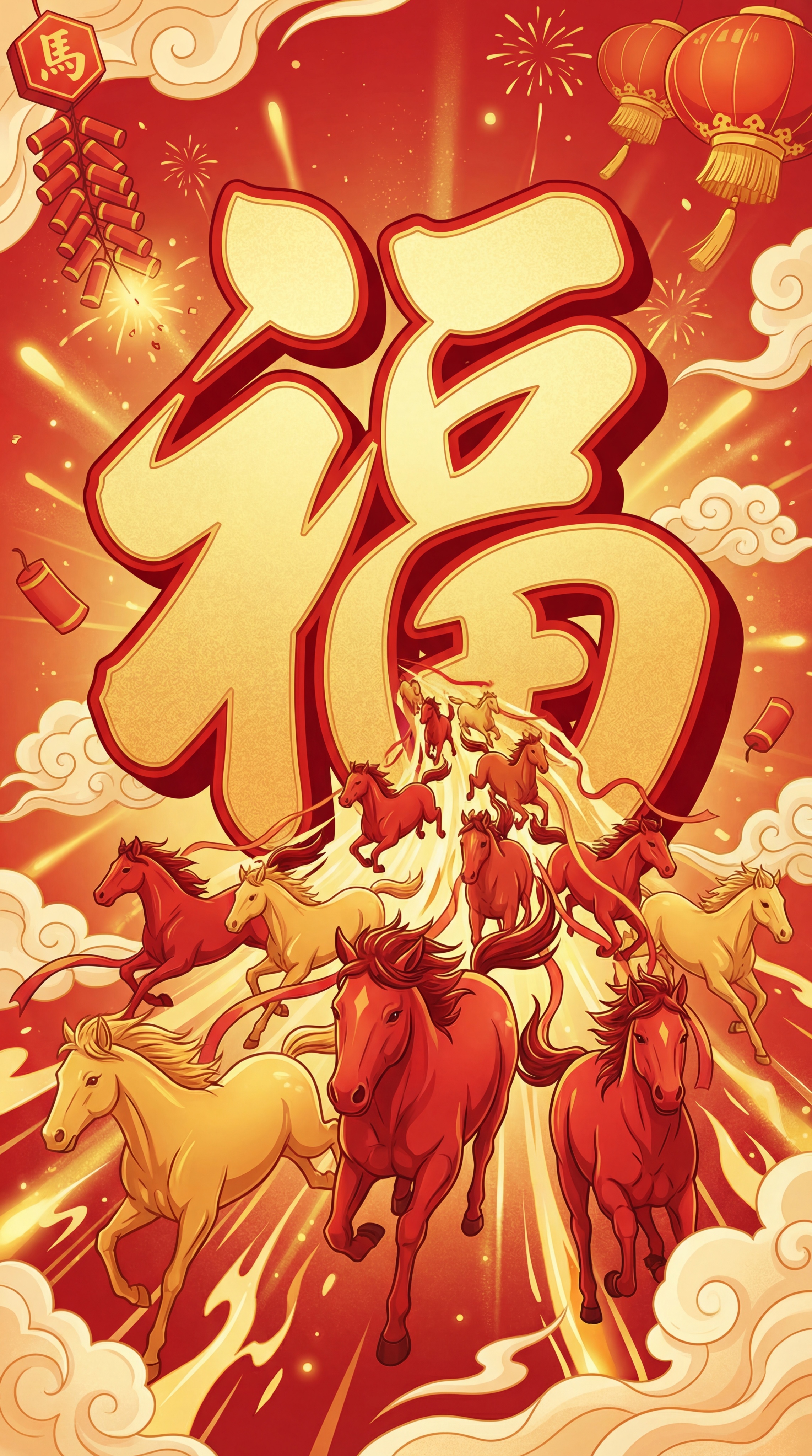 马年春节主题，巨大的汉字“福”字，众多红色和金色的骏马从“福”… - 图片创意预览