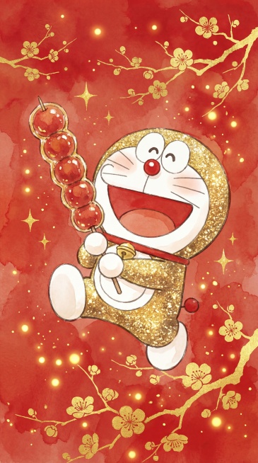 水彩风格，金色哆啦A梦拿着糖葫芦，红色晕染背景，点缀金色梅花和光点，充满年味氛围预览效果
