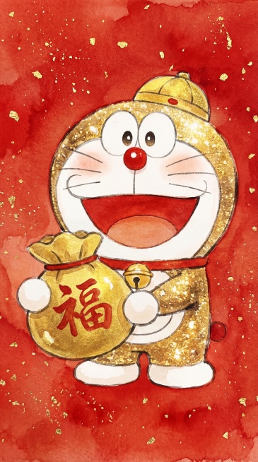 水彩风格，新年主题的哆啦A梦，抱着金色福袋，红色水彩晕染背景，点缀金箔，头戴金色小帽子预览效果