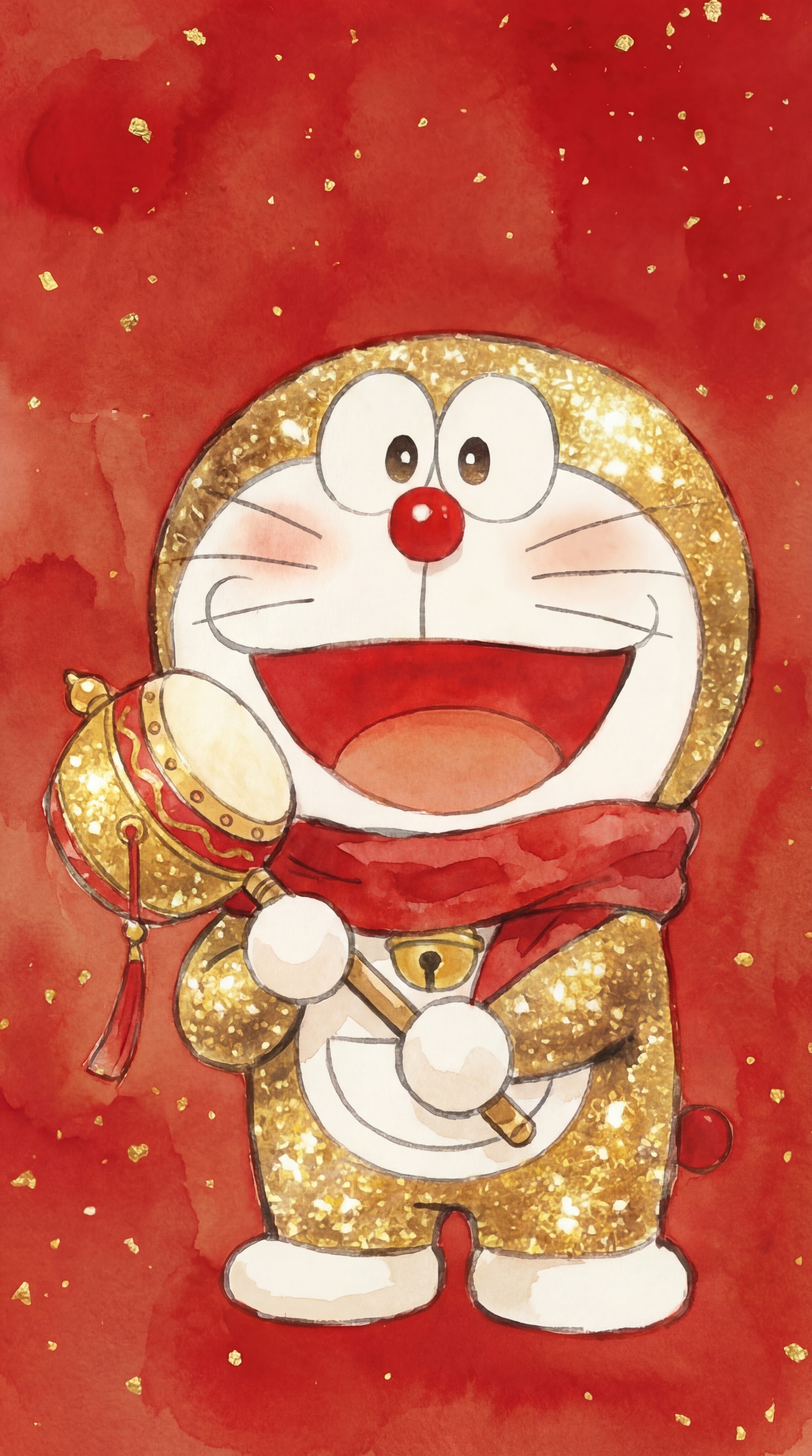 水彩风格，新年主题的哆啦A梦，手持金色新年拨浪鼓，红色水彩背景… - 图片创意预览