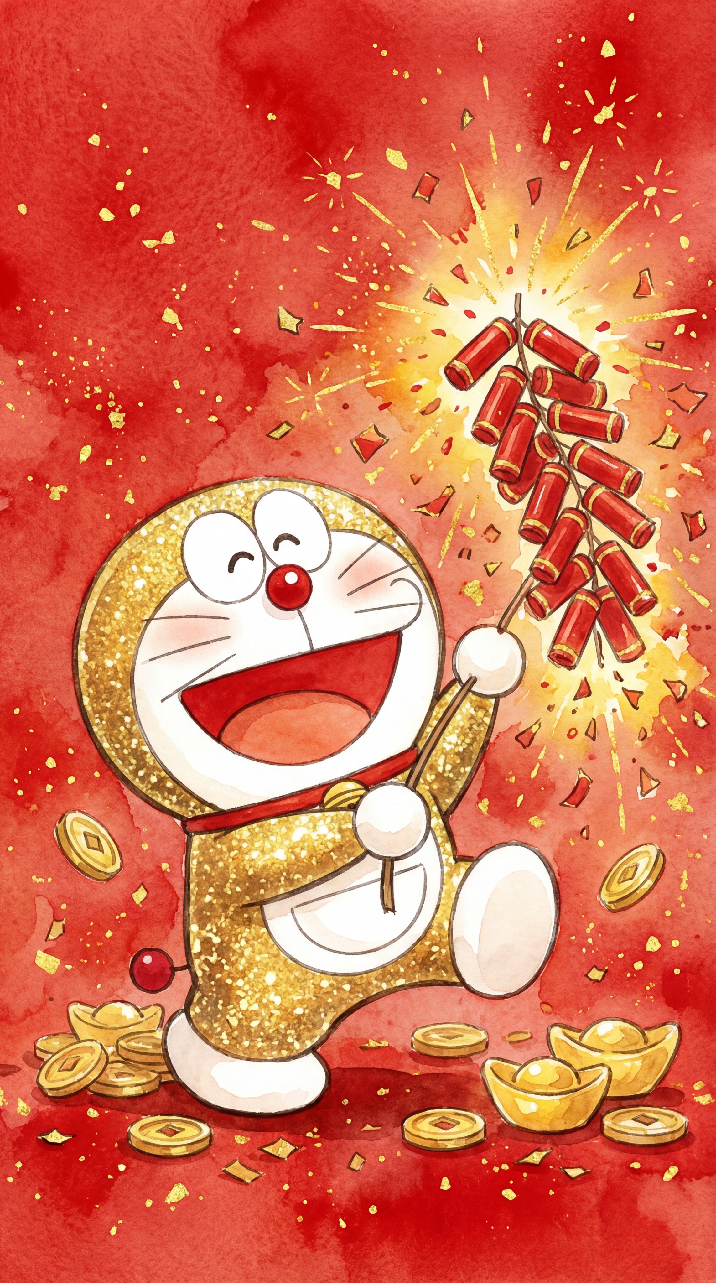 水彩风格，金色哆啦A梦放鞭炮，红色纹理背景，炸开金色火花和碎金… - 图片创意预览