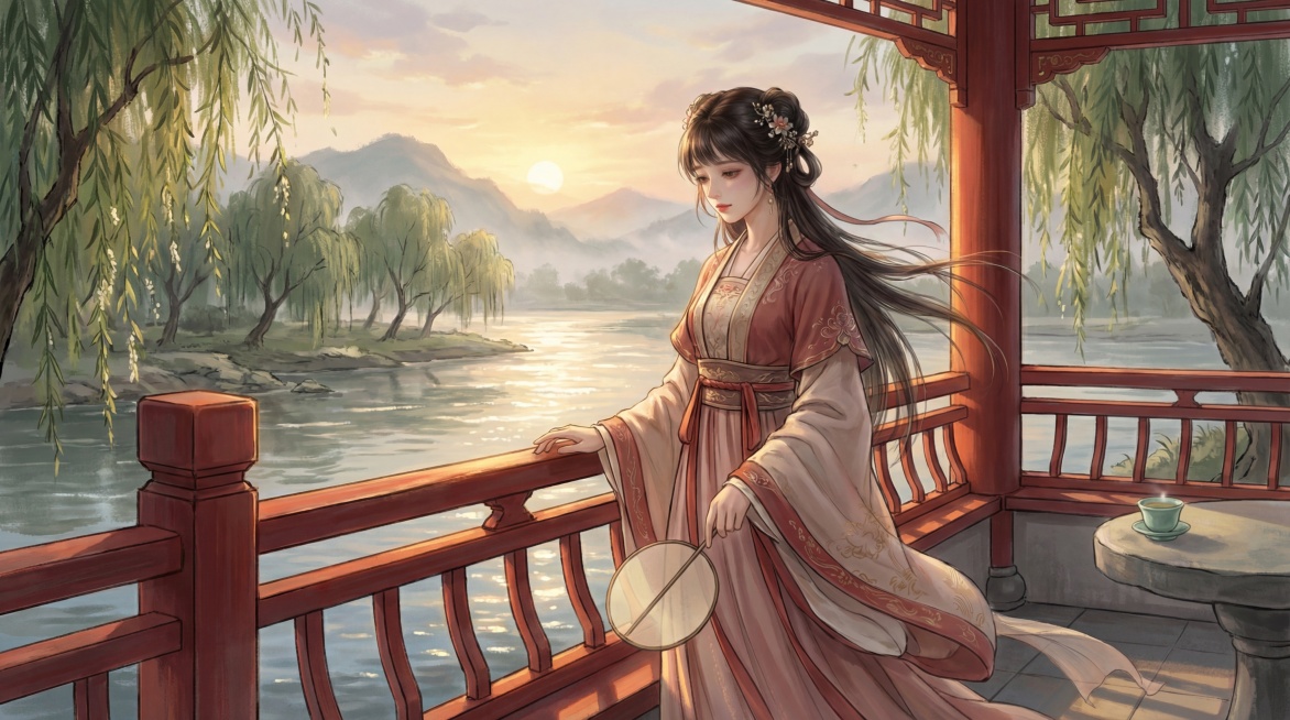 三国时期江东美人大乔，温婉端庄，气质清冷柔媚，古风写实，高清细节拉满；动作：凭栏而立，右手轻执素色团扇垂于身侧，左手微扶朱红亭栏，垂眸轻望江面，身姿纤秾合度，体态优雅，发丝被微风拂动几缕贴于颊边，神色预览效果