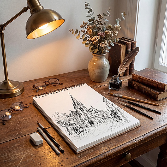将这幅素描本和画笔搭配成文艺复古桌面场景，摆放木质书桌、复古台灯、干花装饰