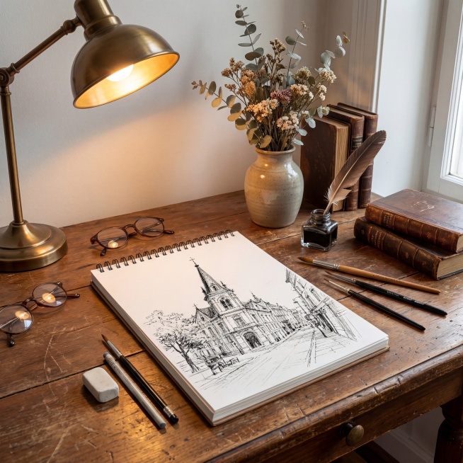 将这幅素描本和画笔搭配成文艺复古桌面场景，摆放木质书桌、复古台灯、干花装饰预览效果