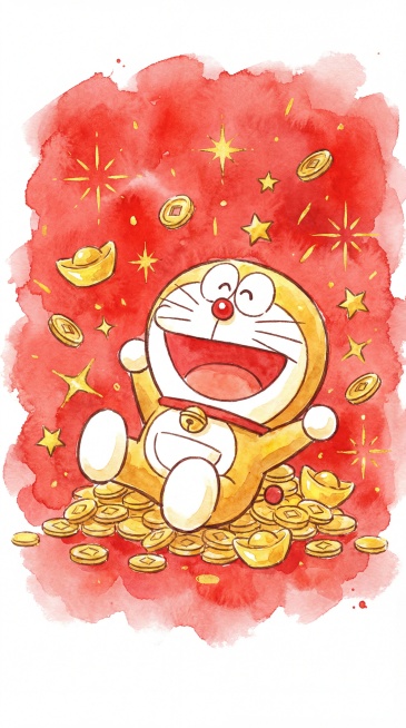 水彩风格，金色哆啦A梦，喜庆红色背景，周围散落金币和金色星光，欢乐的表情，充满新年财运氛围预览效果