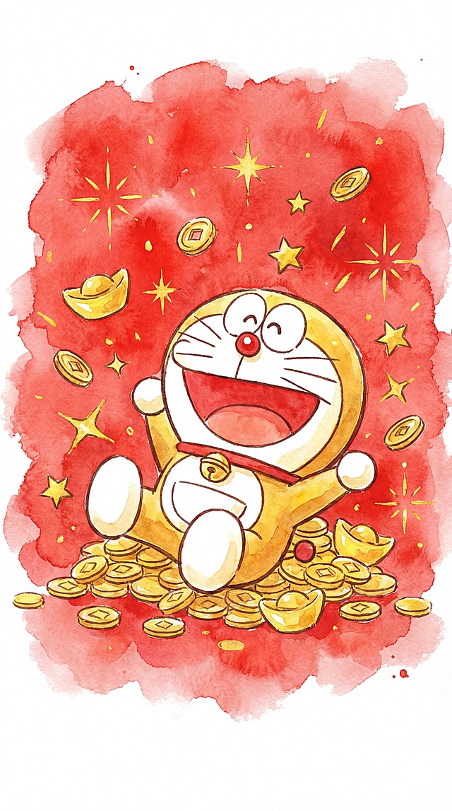 水彩风格，金色哆啦A梦，喜庆红色背景，周围散落金币和金色星光，欢乐的表情，充满新年财运氛围
