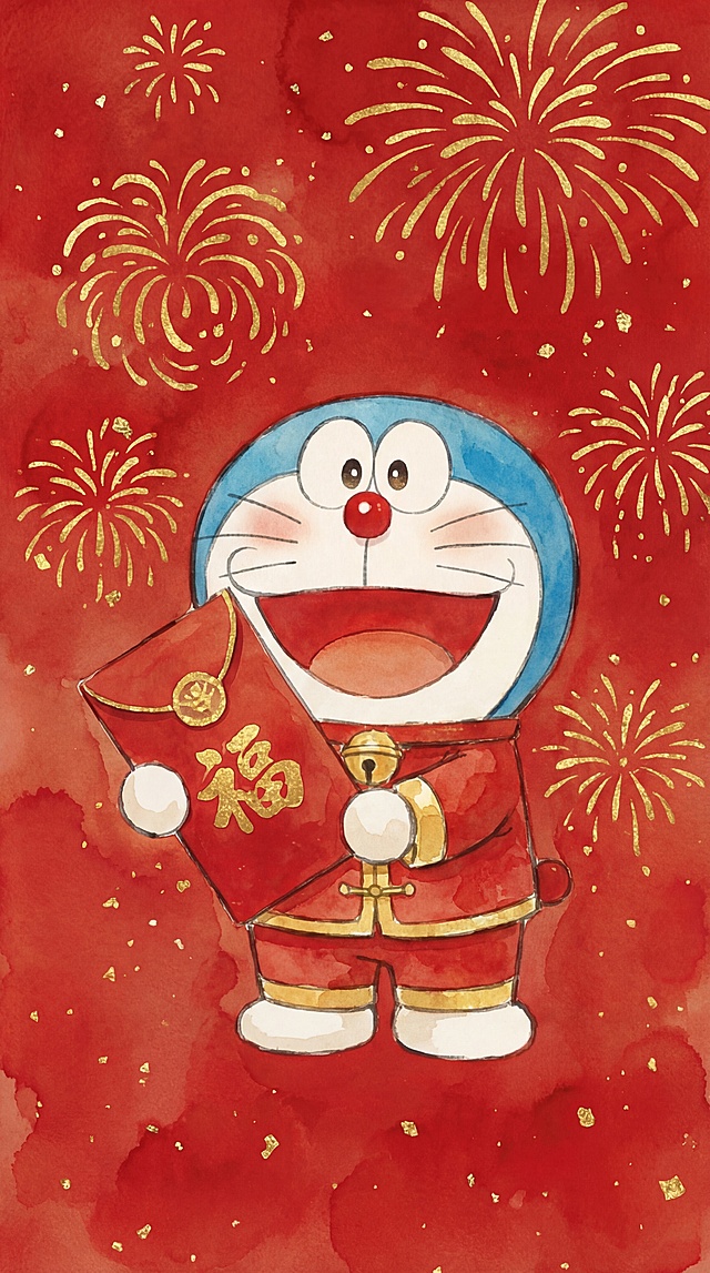 水彩风格，新年主题的哆啦A梦，围绕着金色烟花，红色水彩背景，点缀金箔，身着红色唐装