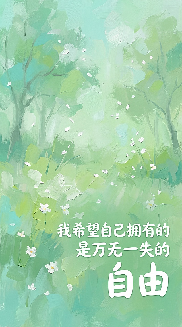 水彩风插画，清新绿意交织朦胧光影，厚涂笔触营造梦幻森林，花瓣飘落间透出柔和舒适感，传递春日自由心境。