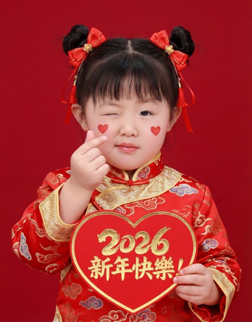 保持参考图脸型五官不变，去掉小辫改成双发髻，脸上有红色爱心贴纸，穿高档新年红色镶金喜庆女童装，手持高档烫金金字写有“2026 新年快樂！”的红色爱心牌，红色背景，比心眨眼，欢乐俏皮预览效果