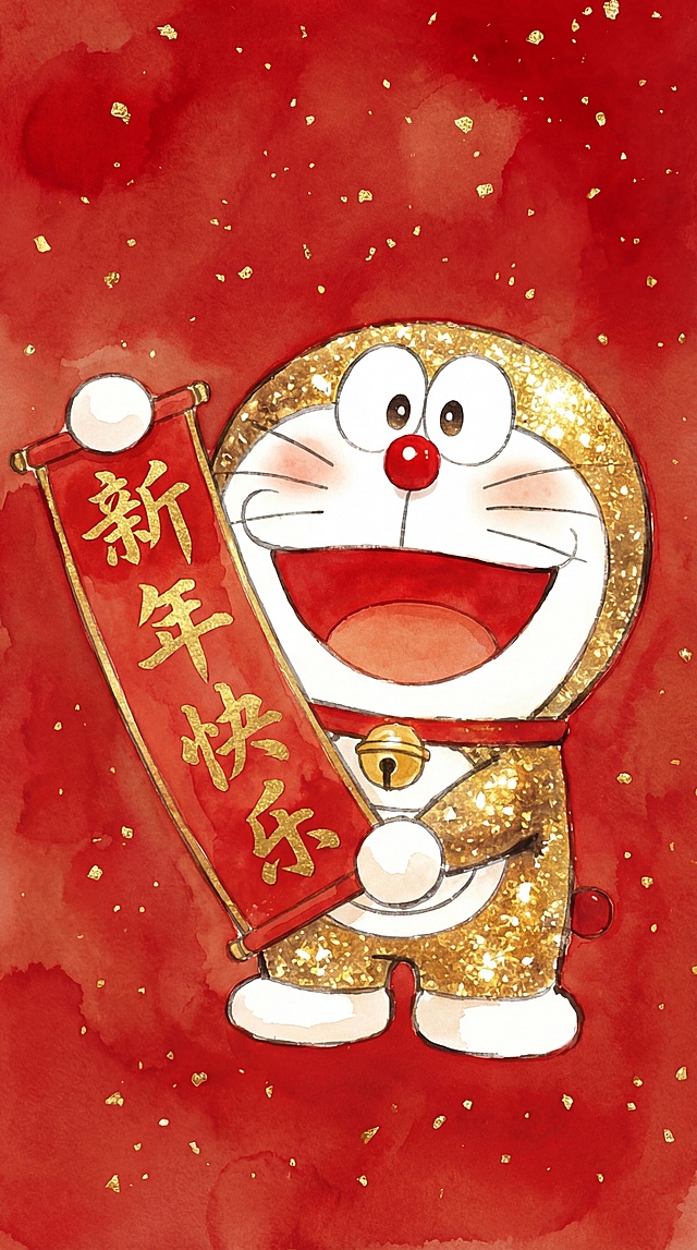 水彩风格，新年主题的哆啦A梦，举着写有“新年快乐”的红色春联，红色水彩背景，点缀金箔，身着金色传统服饰