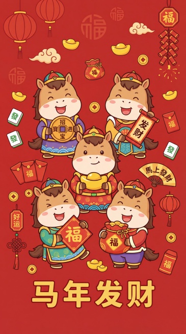 卡通Q版马年新年竖版插画：主体是五只身着传统中式服饰的卡通小马，它们或手持‘招财进宝’铜钱、‘发财’卷轴、金元宝、‘福’字牌，或抱着福袋，表情活泼喜悦。场景设定在正红色背景上，背景印有浅红色的灯笼、祥预览效果