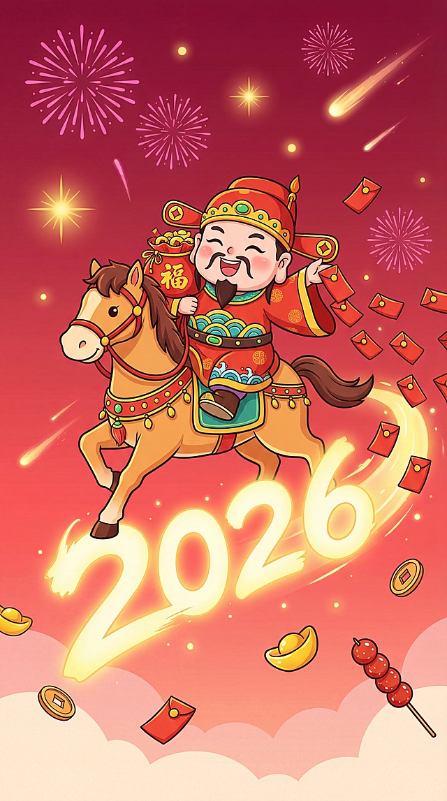 卡通插画风格，喜庆财神爷骑着马在天空飞行，飞行尾迹形成「2026」字样，财神一手拿福袋，一手洒出大量红包，背景是正红到浅红的渐变底色，点缀粉色烟花、金色光斑与流星线条，散落金元宝、铜钱、冰糖葫芦，新春喜庆氛围，造型可爱，色彩鲜艳，构图饱满
