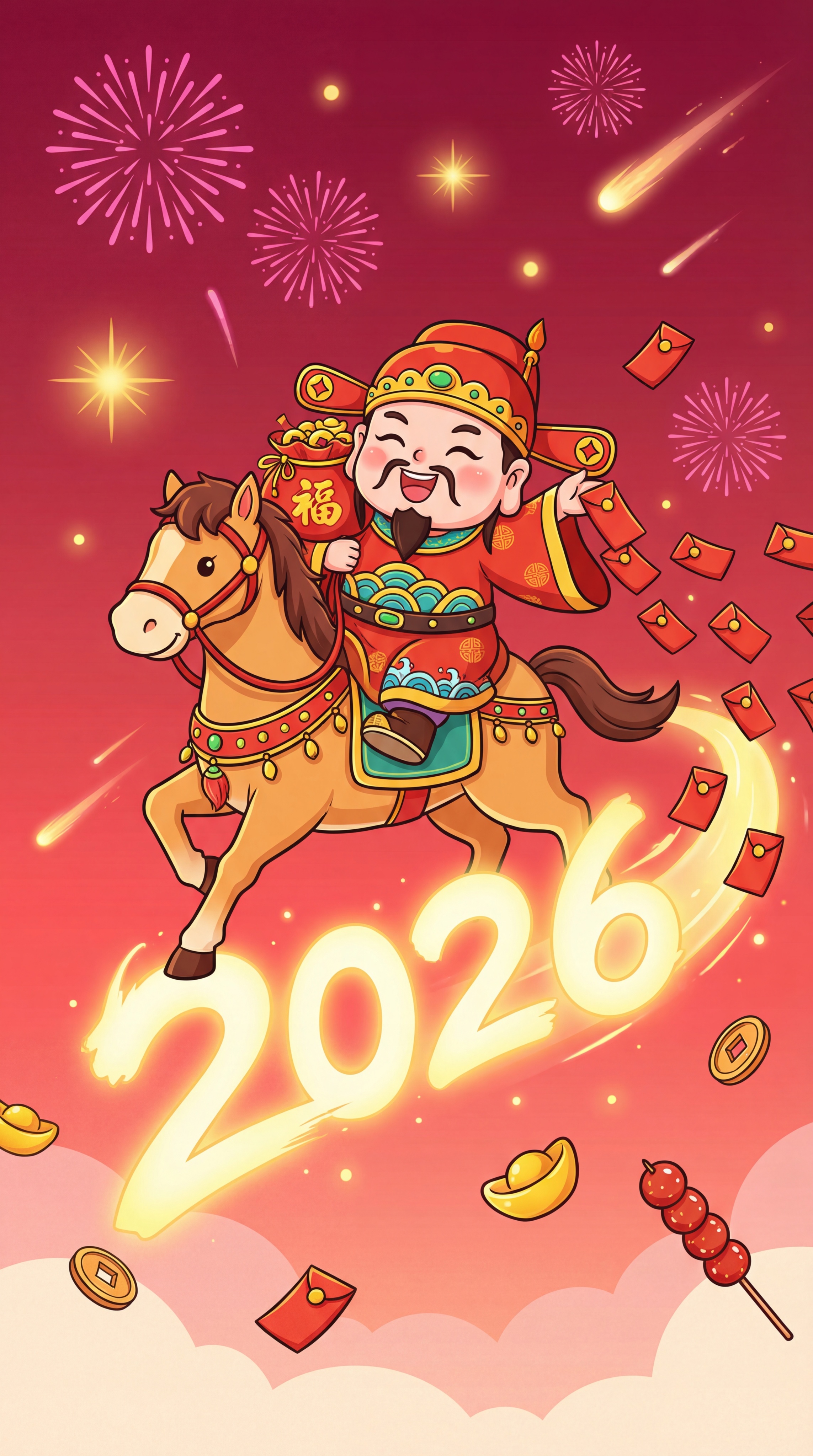 卡通插画风格，喜庆财神爷骑着马在天空飞行，飞行尾迹形成「202… - 图片创意预览