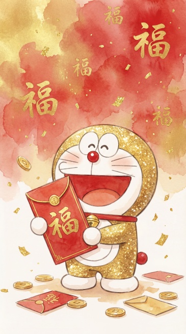 水彩风格，金色哆啦A梦举着红包，红色晕染背景，飘落金色福字和碎金，传递新年祝福氛围预览效果