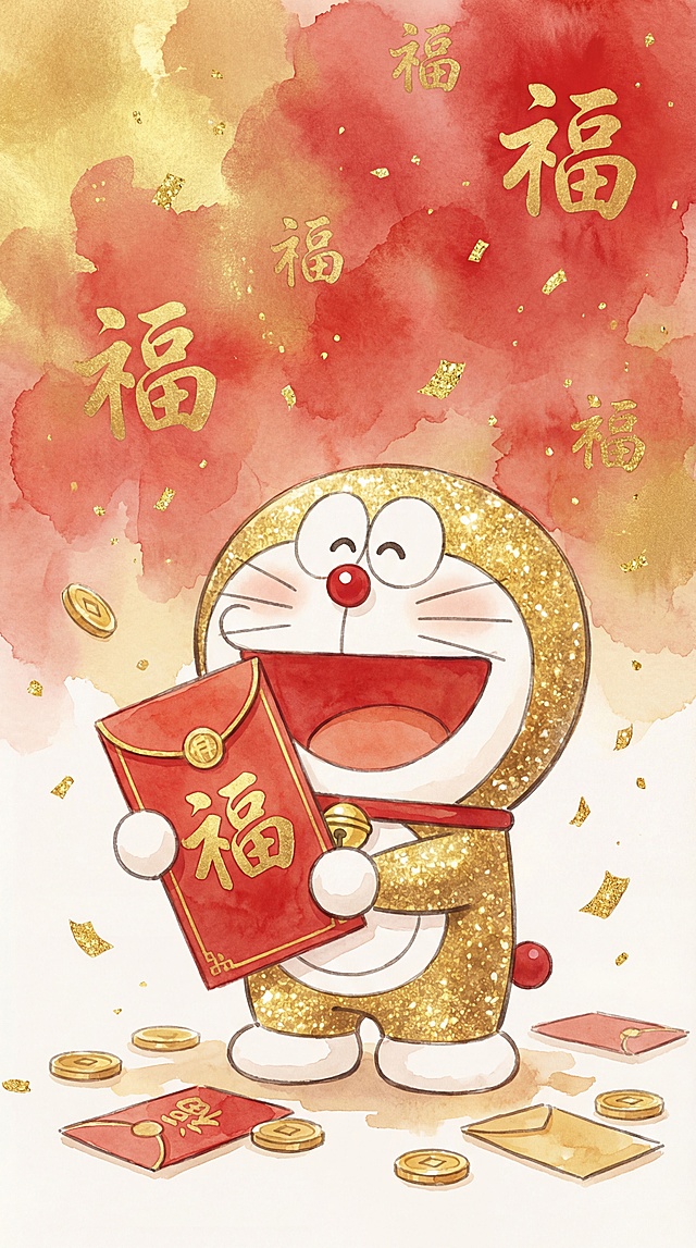 水彩风格，金色哆啦A梦举着红包，红色晕染背景，飘落金色福字和碎金，传递新年祝福氛围