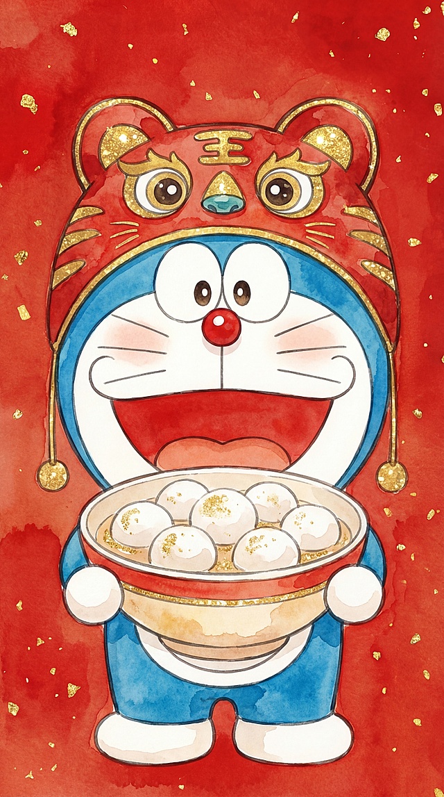 水彩风格，新年主题的哆啦A梦，头戴红色虎头帽，抱着汤圆，红色水彩背景，点缀金箔