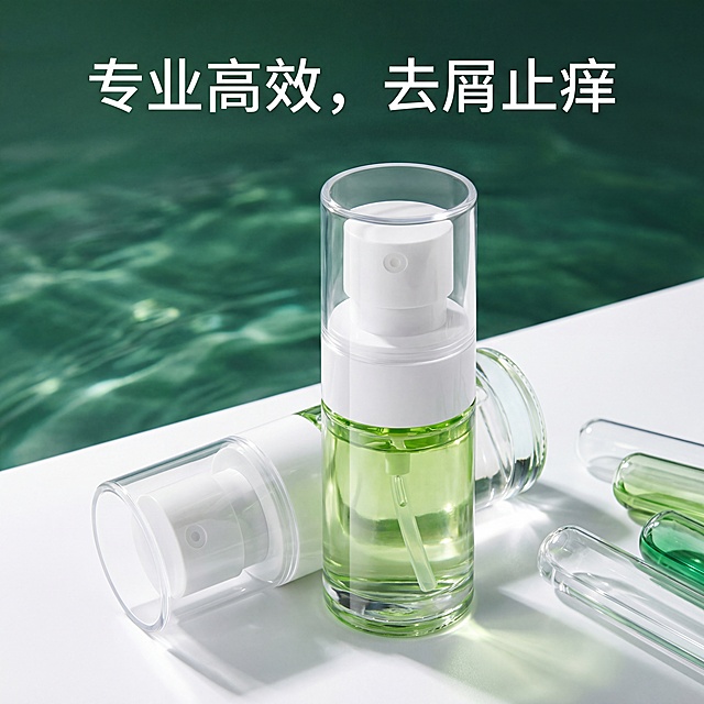 全景结合产品特写，采用渐变绿+透明白配色，柔光商业棚拍搭配侧逆光布光，两瓶腋露，瓶身为渐变绿透明玻璃质感，通透可透出背景，放置在白色台面上，无人物。瓶身呈现透明玻璃质感，带有高光反射，展现微距材质细节。背景是虚化的深绿色渐变水面，波光粼粼，右边产品旁放置实验室试管，画面干净通透留白，突出专业洗护研发的高效感，画面中添加文字"专业高效，去屑止痒"