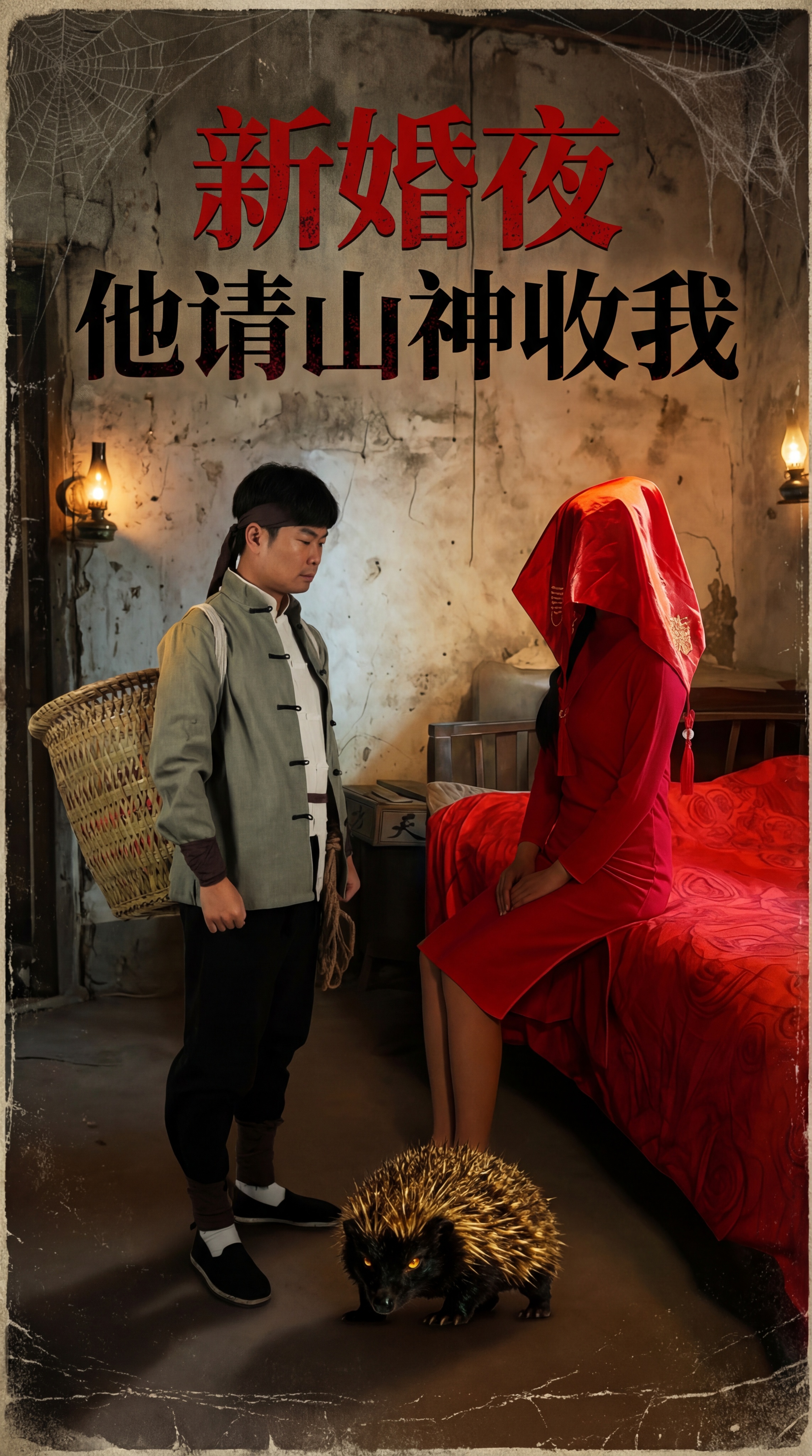 年代感悬疑惊悚短剧海报，画面中有穿着旧式中式服装背着竹筐的男子… - 图片创意预览