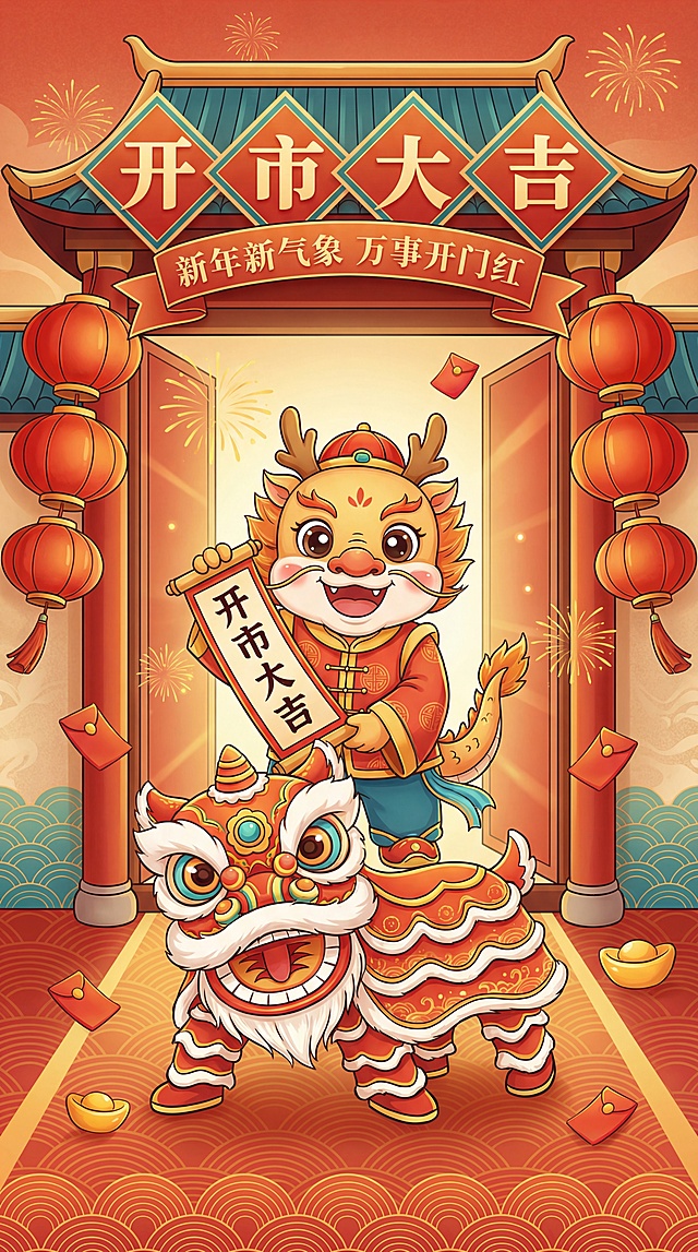 国潮风插画，拟人化龙娃手持“开市大吉”卷轴，舞狮欢腾，剪纸元素点缀，红金配色尽显喜庆感与节日氛围。