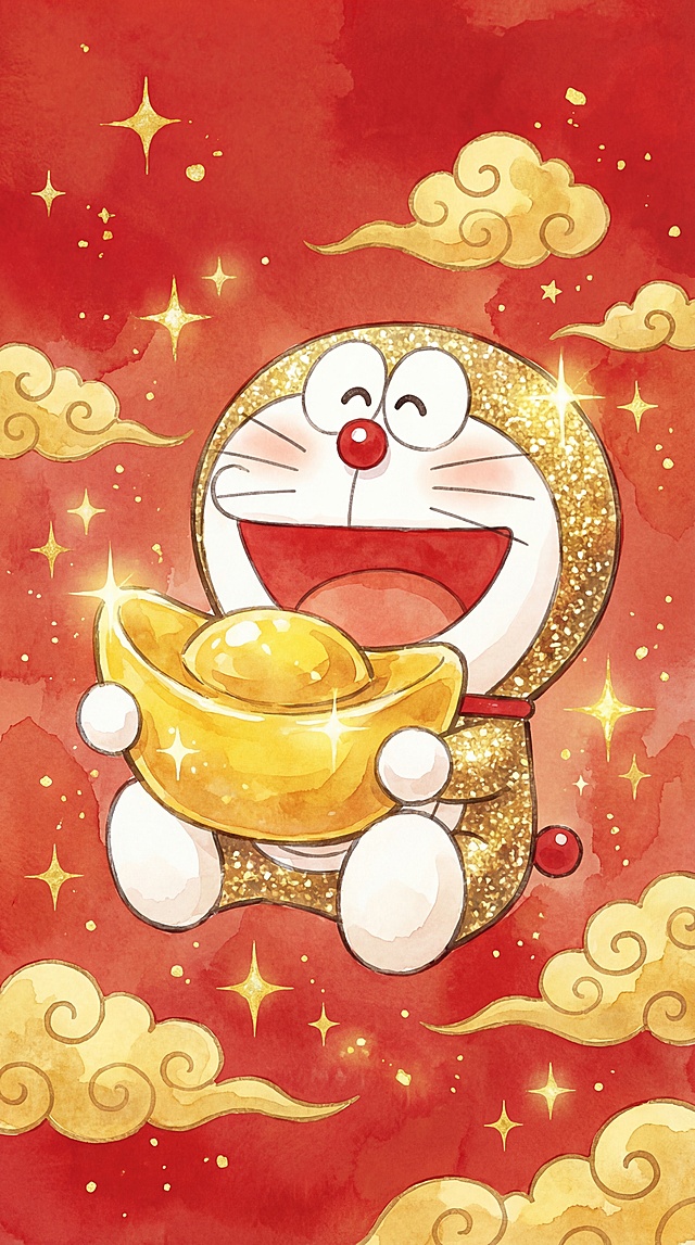 水彩风格，金色哆啦A梦抱着大元宝，喜庆红色渐变背景，点缀金色祥云和星光，洋溢富足喜悦氛围