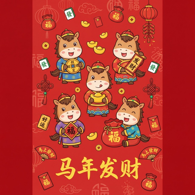 卡通Q版马年新年竖版插画：主体是五只身着传统中式服饰的卡通小马，它们或手持‘招财进宝’铜钱、‘发财’卷轴、金元宝、‘福’字牌，或抱着福袋，表情活泼喜悦。场景设定在正红色背景上，背景印有浅红色的灯笼、祥预览效果