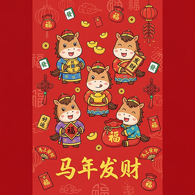卡通Q版马年新年竖版插画：主体是五只身着传统中式服饰的卡通小马，它们或手持‘招财进宝’铜钱、‘发财’卷轴、金元宝、‘福’字牌，或抱着福袋，表情活泼喜悦。场景设定在正红色背景上，背景印有浅红色的灯笼、祥云、福字、鞭炮等传统纹样暗纹；画面中散落着金元宝、铜钱、‘發’字麻将、‘福’字红包、福袋、红灯笼、中国结、‘好运’挂饰、‘馬上發財’扇子等新年元素，底部配黄色书法字体‘马年发财’。色彩以正红为主色调，搭配小马服饰的多彩配色与金色装饰，整体色调鲜艳喜庆，充满传统年味。构图为竖版居中布局，五只小马为视觉重心，新年装饰元素环绕分布，背景暗纹增添层次感。